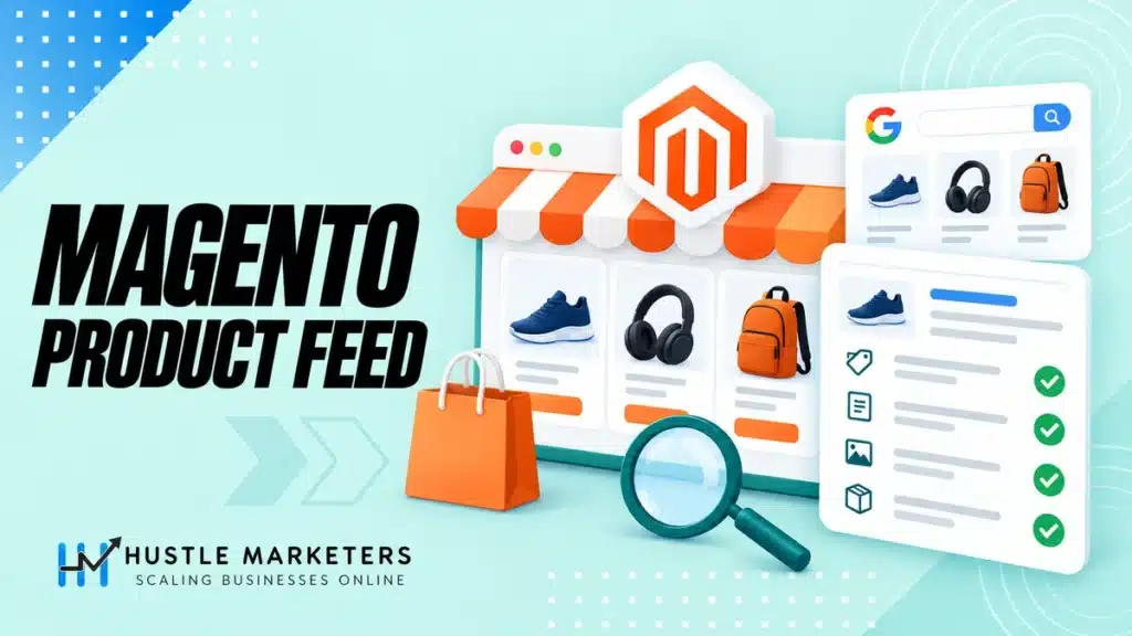 Magento product feed illustration with a storefront, product catalog and product data checks for Google Shopping.