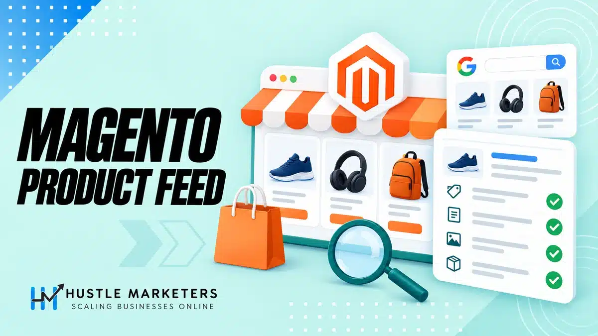 Magento product feed illustration with a storefront, product catalog and product data checks for Google Shopping.