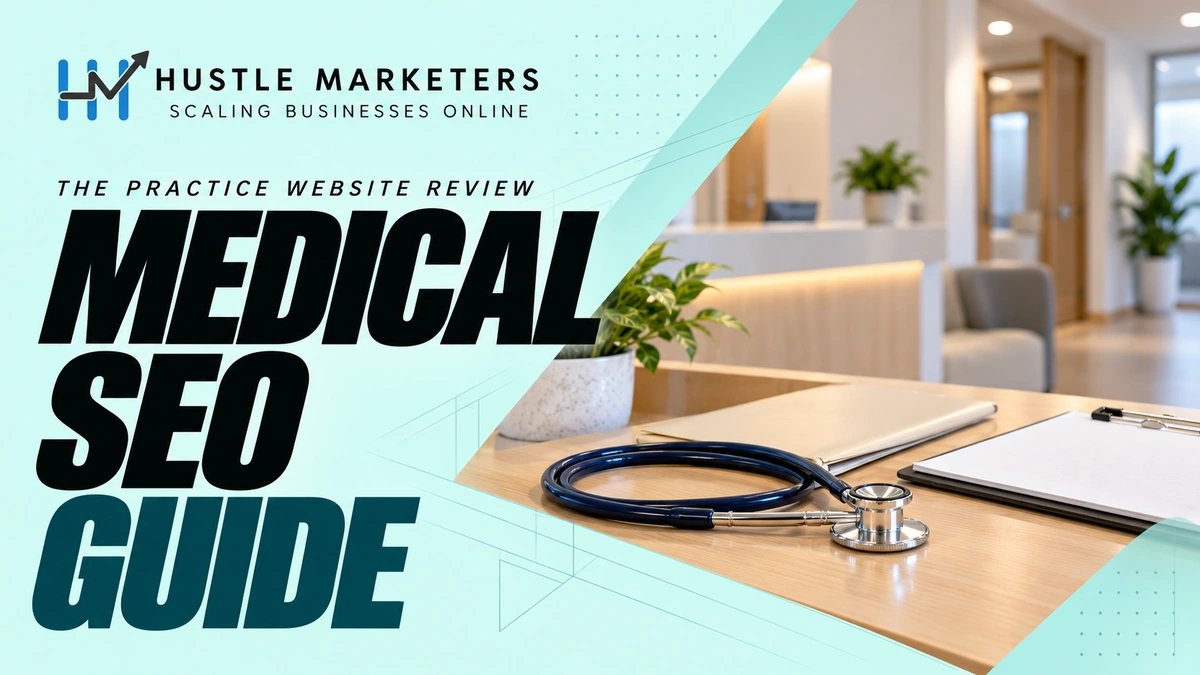 Hustle Marketers Medical SEO guide with an anonymous empty clinic reception and practice planning materials.