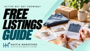 Free listings guide with a hand reviewing product photos, catalog cards and unbranded products