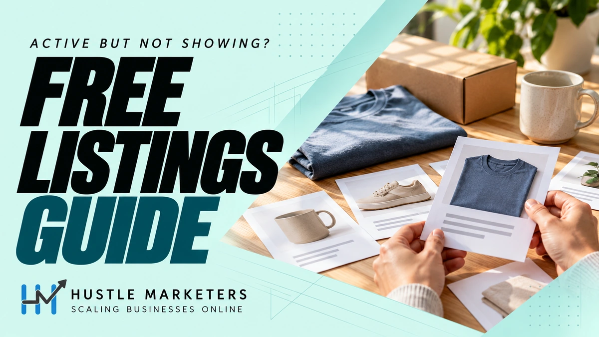 Free listings guide with a hand reviewing product photos, catalog cards and unbranded products