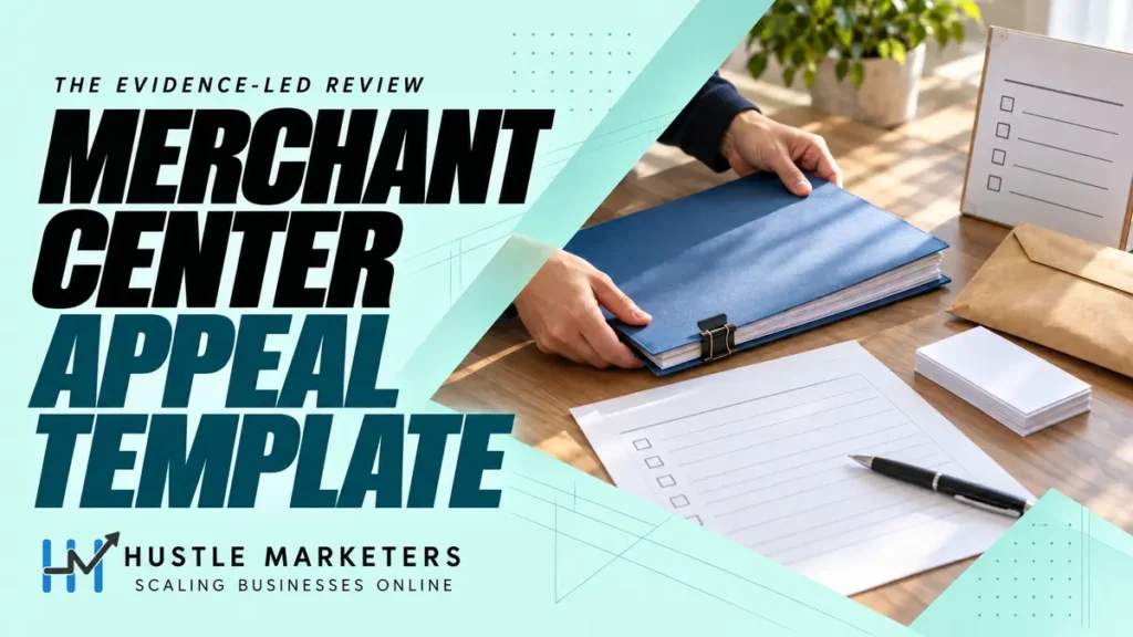 Hustle Marketers Merchant Center misrepresentation appeal guide with an anonymous physical evidence folder and review checklist.