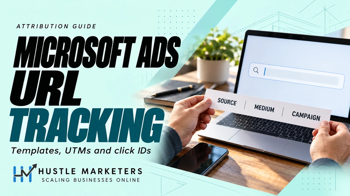 Microsoft Ads URL tracking cover with source, medium and campaign labels on a printed strip beside an illustrative laptop and phone.