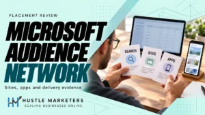Microsoft Audience Network cover with a realistic analyst reviewing search, sites and apps cards beside illustrative devices.