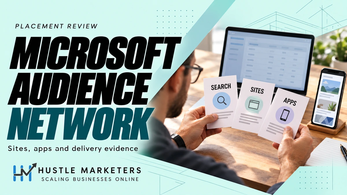 Microsoft Audience Network cover with a realistic analyst reviewing search, sites and apps cards beside illustrative devices.