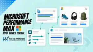 Microsoft Performance Max illustration showing search, shopping and audience ad placements with campaign controls.