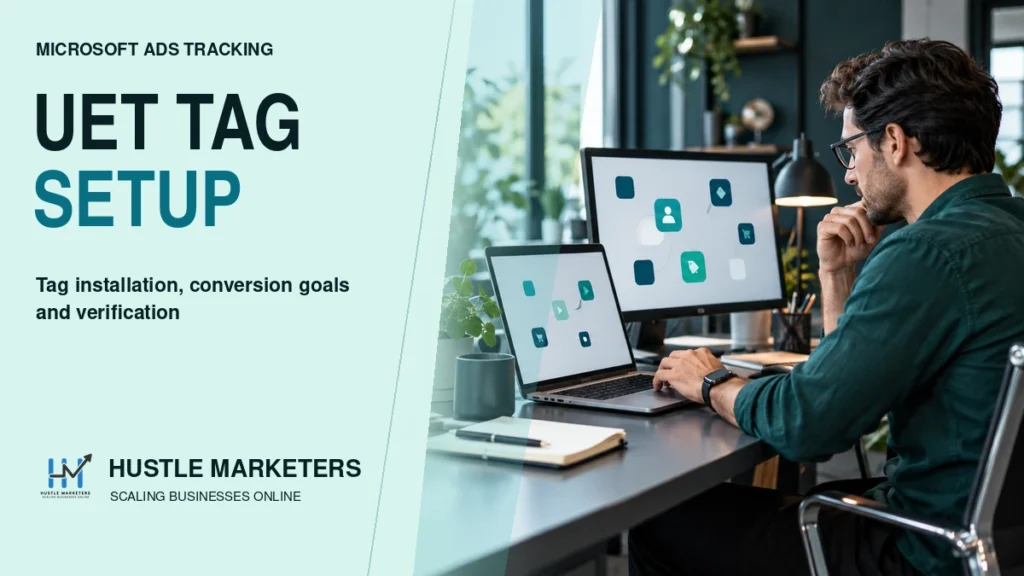 Marketing technologist reviewing an illustrative conversion-event workflow for Microsoft UET tag setup