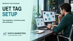 Marketing technologist reviewing an illustrative conversion-event workflow for Microsoft UET tag setup
