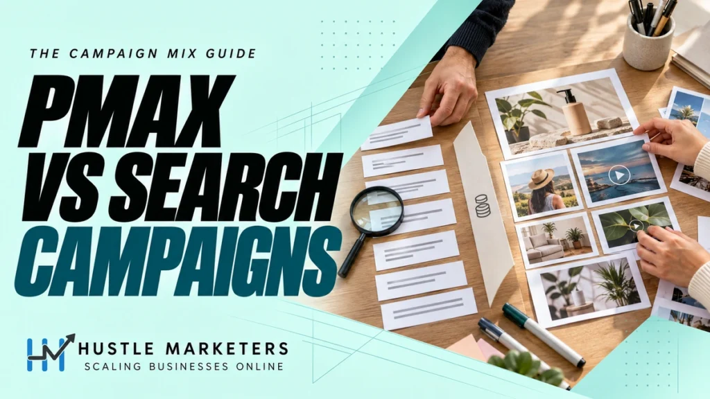Performance Max vs Search campaigns guide with physical keyword cards and creative asset planning