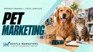 Pet Marketing cover showing a golden retriever, tabby cat, unbranded pet treats, collar and appointment notebook.