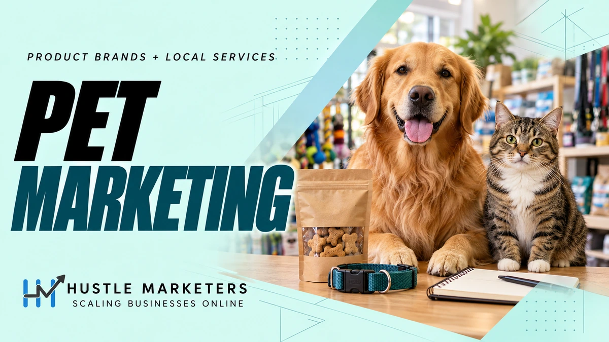 Pet Marketing cover showing a golden retriever, tabby cat, unbranded pet treats, collar and appointment notebook.