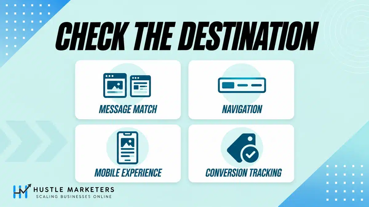 PPC landing page checks for message match, navigation, mobile experience and conversion tracking.