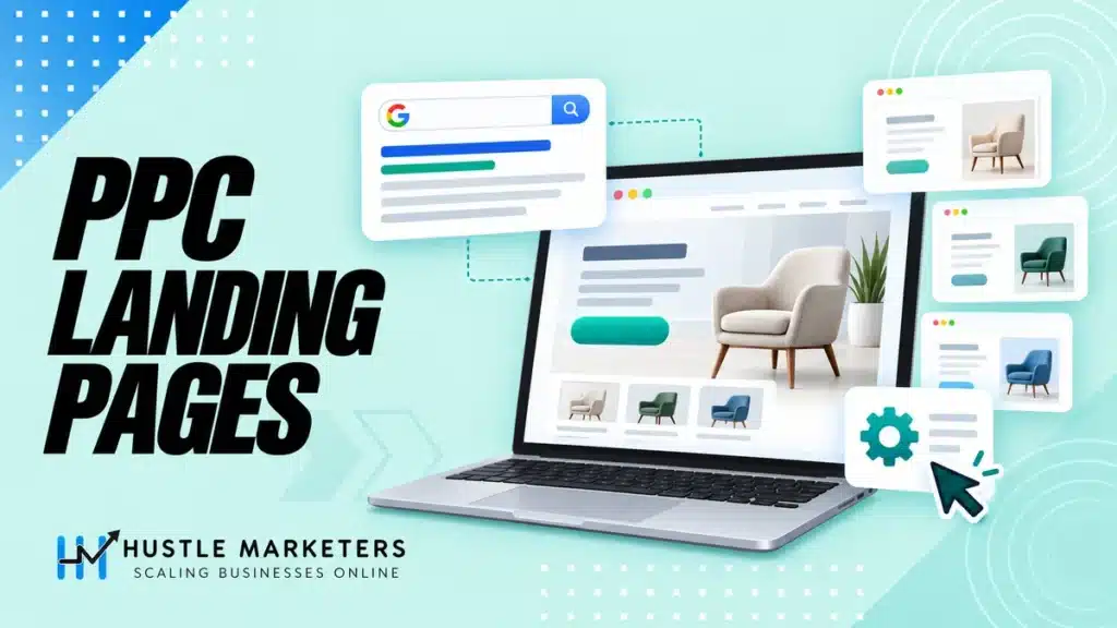 PPC landing page illustration with a search ad, destination page, call-to-action and URL controls.