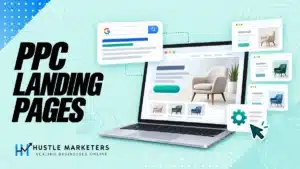 PPC landing page illustration with a search ad, destination page, call-to-action and URL controls.