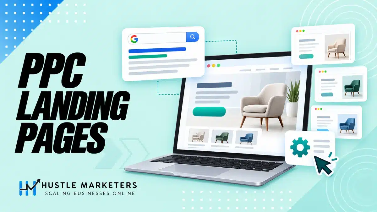 PPC landing page illustration with a search ad, destination page, call-to-action and URL controls.