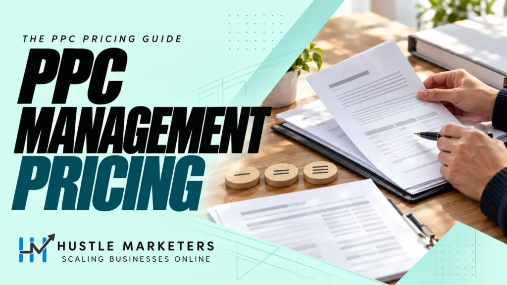 Hustle Marketers PPC management pricing guide with anonymous hands reviewing a physical proposal packet and blank rate cards.