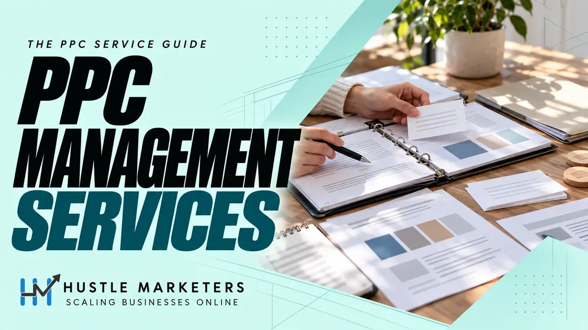 Hustle Marketers PPC management services guide with anonymous hands reviewing a physical weekly account-management kit.