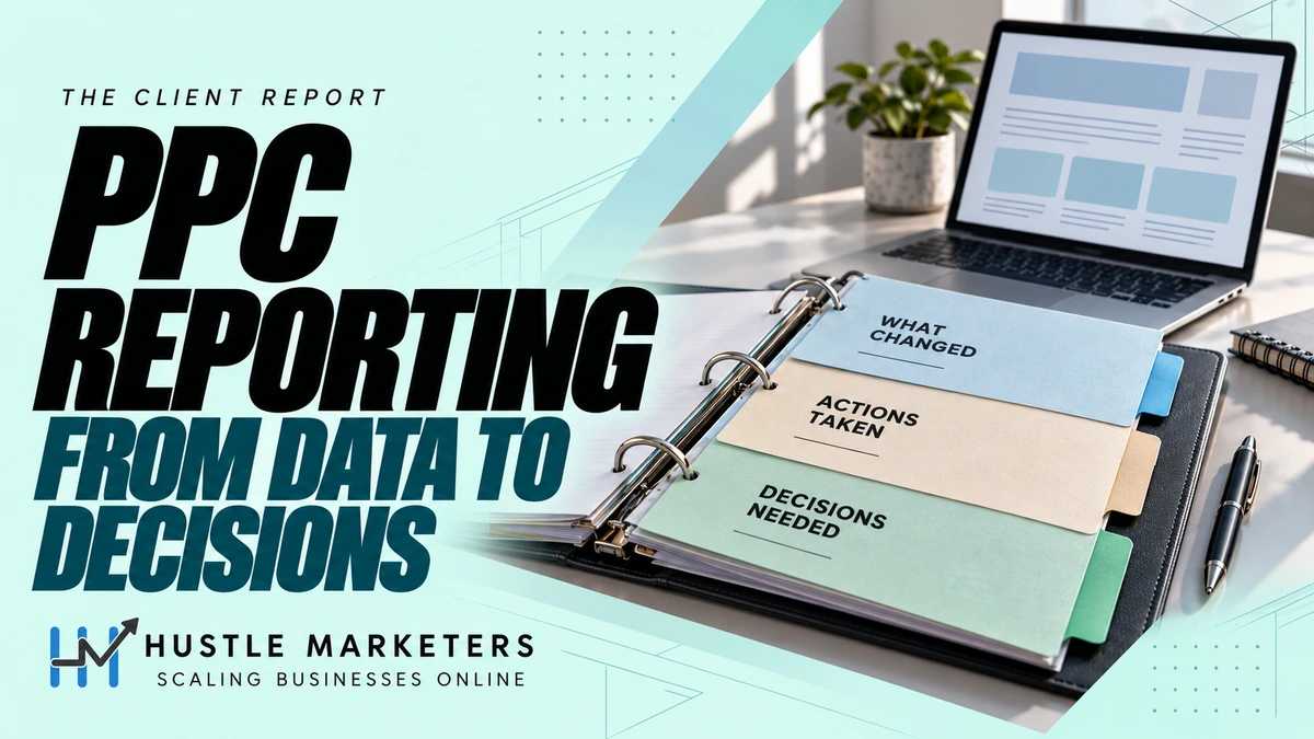 PPC Reporting cover showing a client report binder with what changed, actions taken and decisions needed tabs beside an illustrative report laptop.