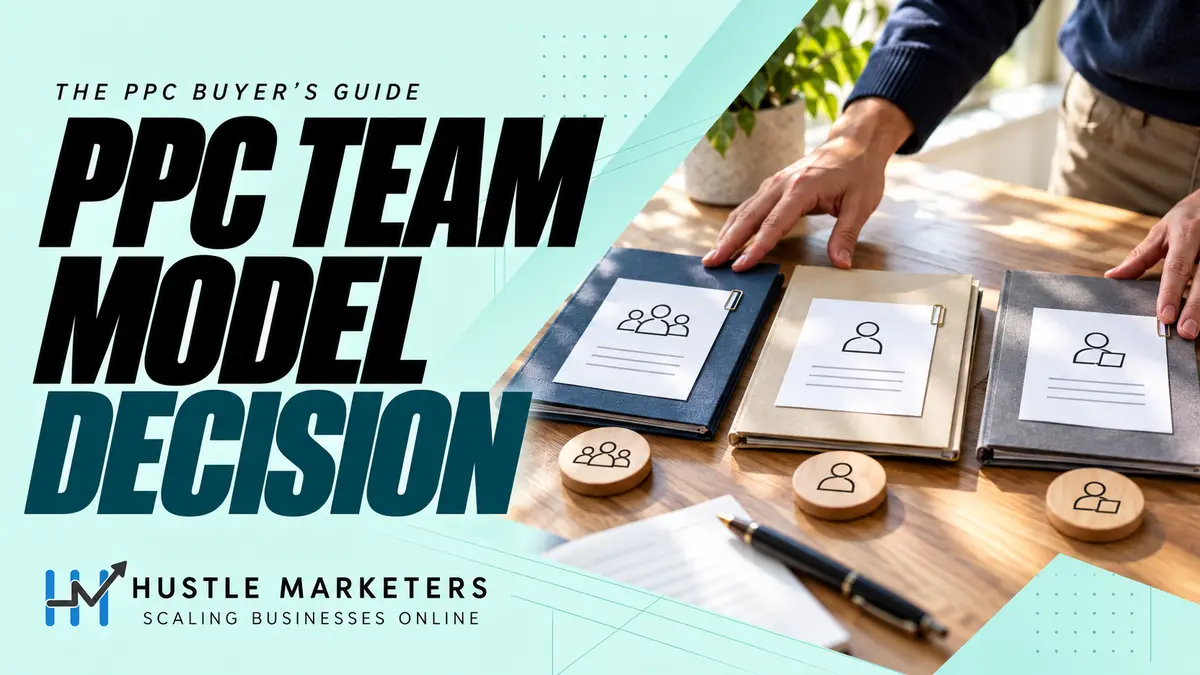 Hustle Marketers PPC team model guide with an anonymous business owner comparing three physical proposal folders.