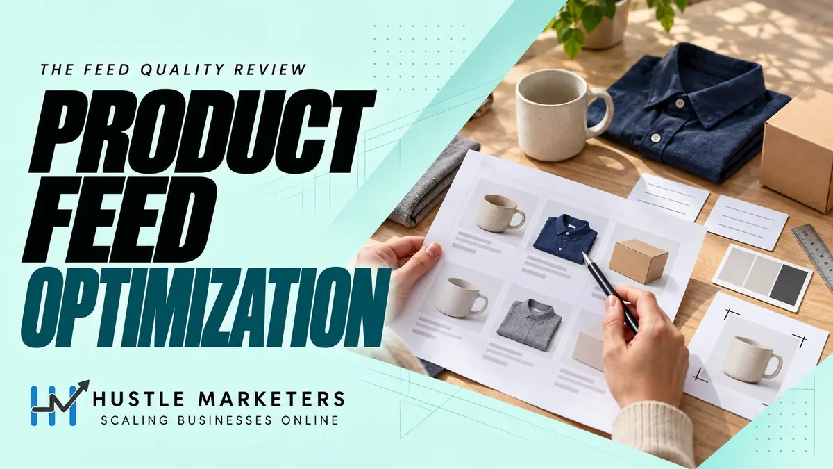 Hustle Marketers product feed optimization guide with an anonymous physical catalog and product-data review scene.