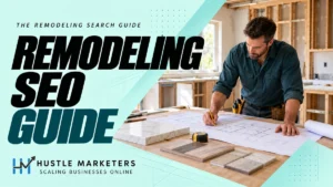 Remodeling contractor SEO guide with a contractor reviewing blueprints and material samples in a kitchen renovation