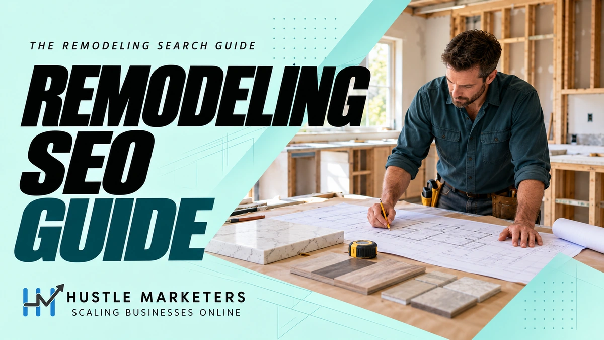 Remodeling contractor SEO guide with a contractor reviewing blueprints and material samples in a kitchen renovation