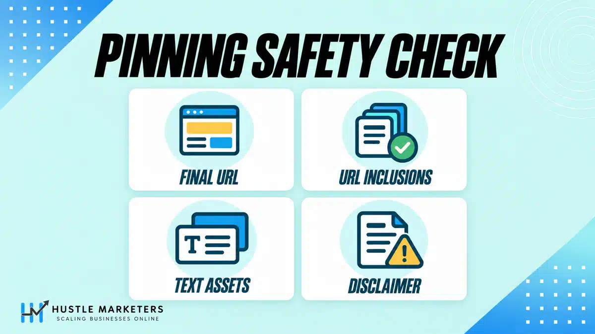 Responsive Search Ads pinning checks for final URL, URL inclusions, text assets and disclaimers.