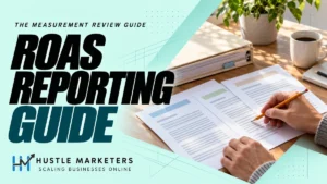ROAS reporting guide with a hand comparing unbranded measurement documents and a blank sales-record folder