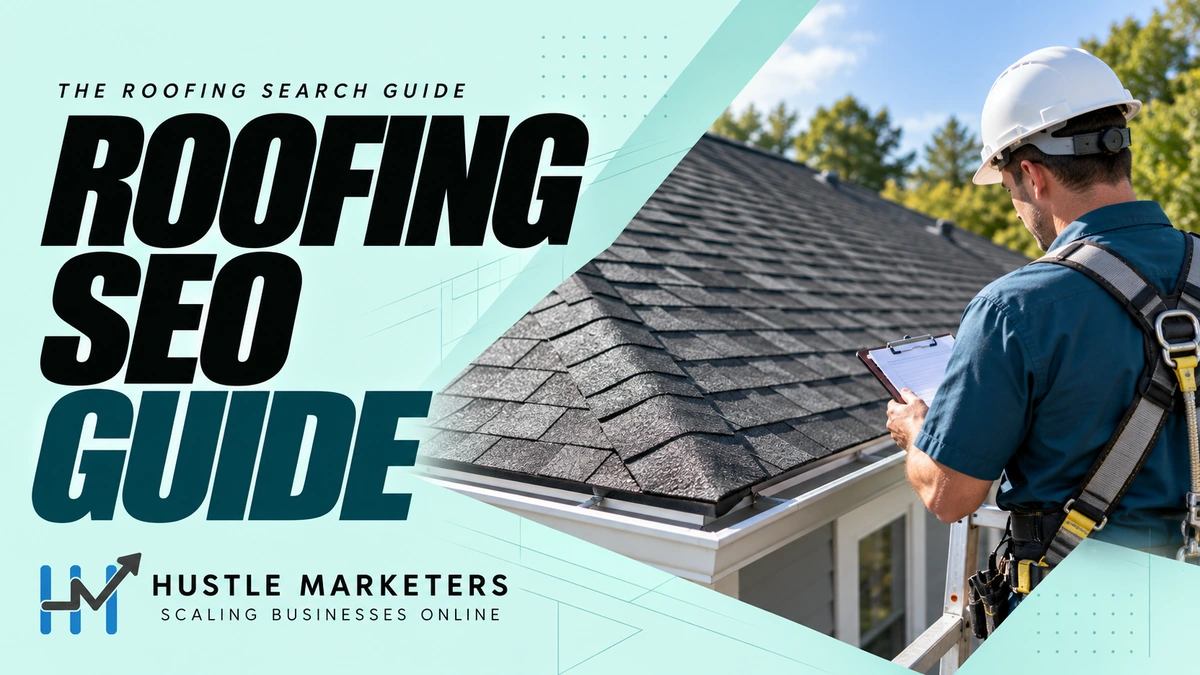 Roofing SEO guide with a roof inspector reviewing a shingle roof using a paper clipboard