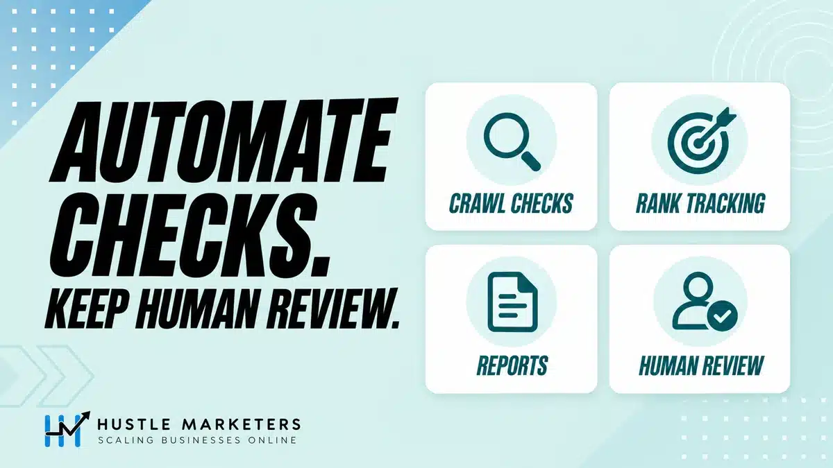 SEO automation illustration showing crawl checks, rank tracking, reports and human review.