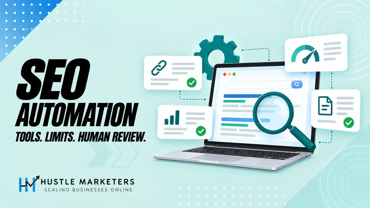 SEO automation illustration with a website audit laptop, search magnifier and automated task cards.