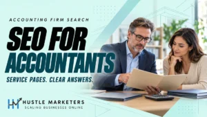 SEO for Accountants cover with an illustrative accounting consultation, document folder and calculator, in the Hustle Marketers template.