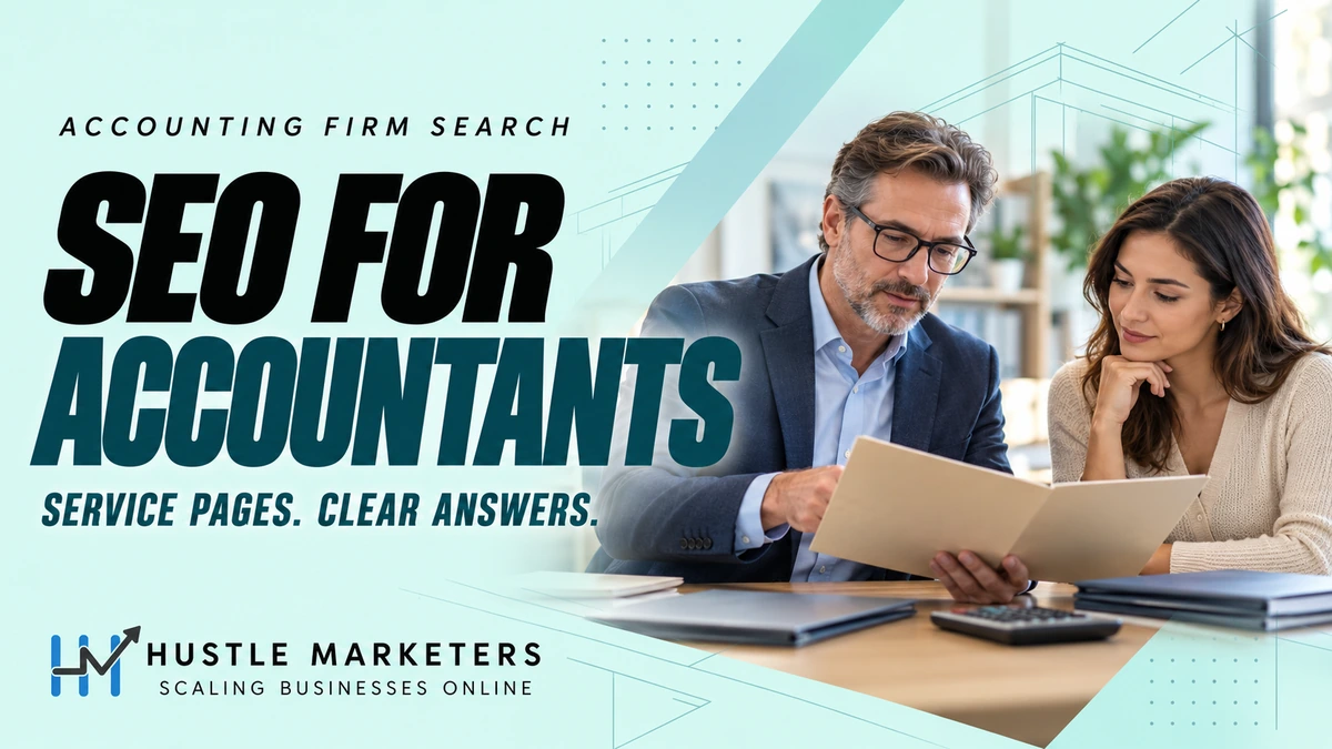 SEO for Accountants cover with an illustrative accounting consultation, document folder and calculator, in the Hustle Marketers template.
