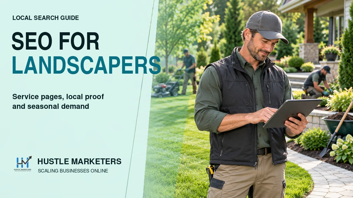 Landscaping professional reviewing local search and service page planning on a tablet
