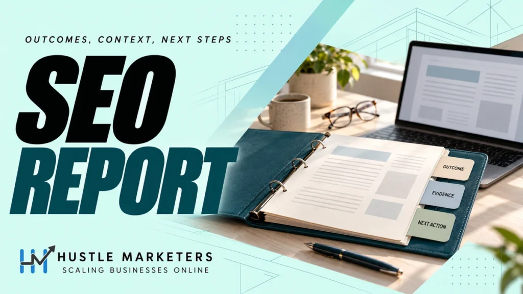 SEO Report cover showing a monthly report binder with outcome, evidence and next action tabs beside an illustrative report laptop.