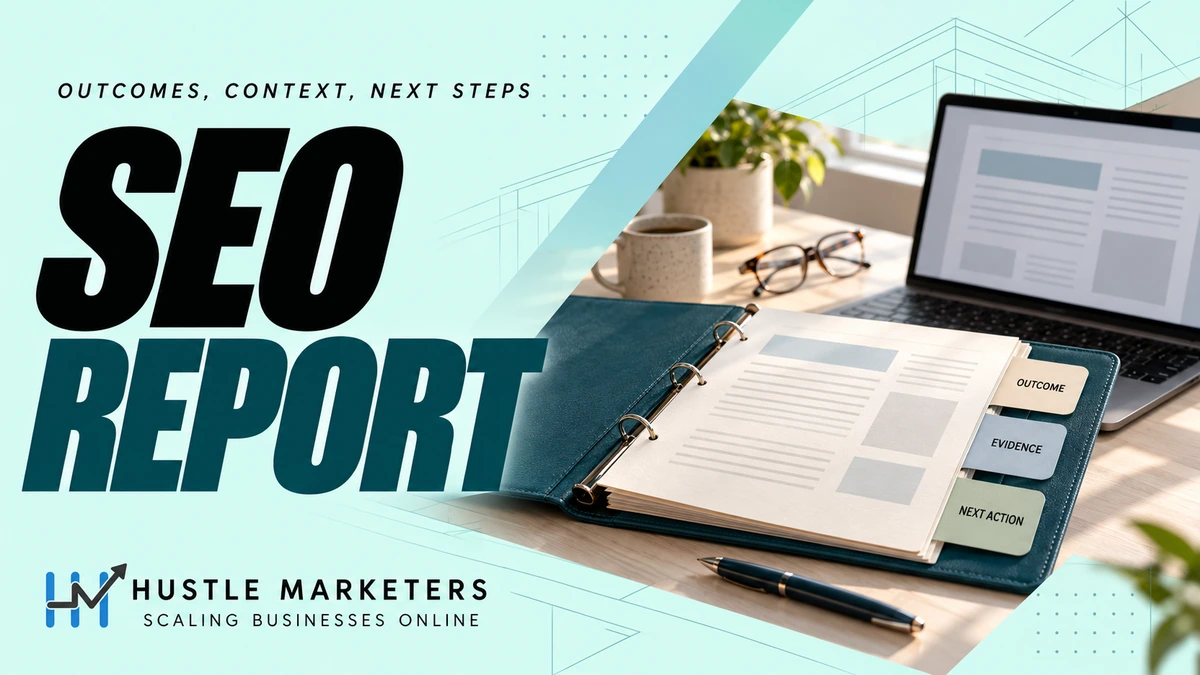 SEO Report cover showing a monthly report binder with outcome, evidence and next action tabs beside an illustrative report laptop.