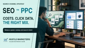 Marketing strategist comparing SEO and PPC channels on two desktop monitors