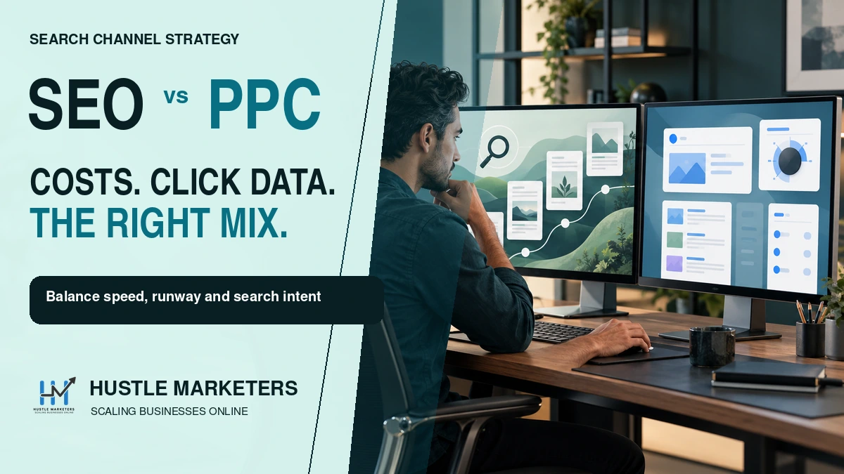 Marketing strategist comparing SEO and PPC channels on two desktop monitors