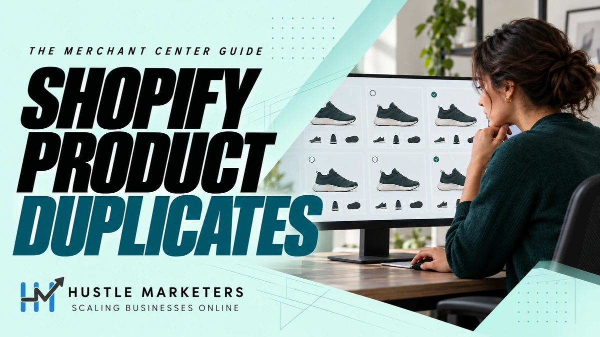 Shopify product duplicates guide with a catalog specialist reviewing illustrative repeated shoe product cards