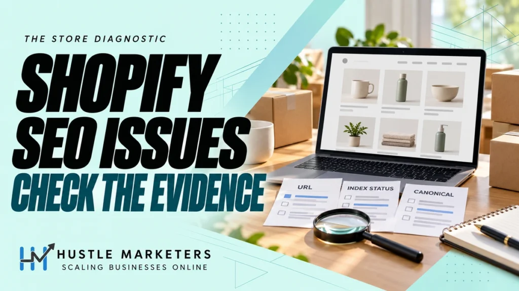 Shopify SEO Issues cover showing an illustrative product-grid laptop, packing boxes and URL, index status and canonical audit cards.