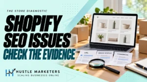 Shopify SEO Issues cover showing an illustrative product-grid laptop, packing boxes and URL, index status and canonical audit cards.