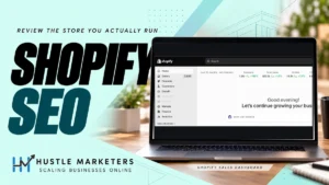 Shopify SEO cover using the user-provided Shopify dashboard screenshot showing last 12 months of all-channel sessions, total sales and orders, with Hustle Marketers branding.