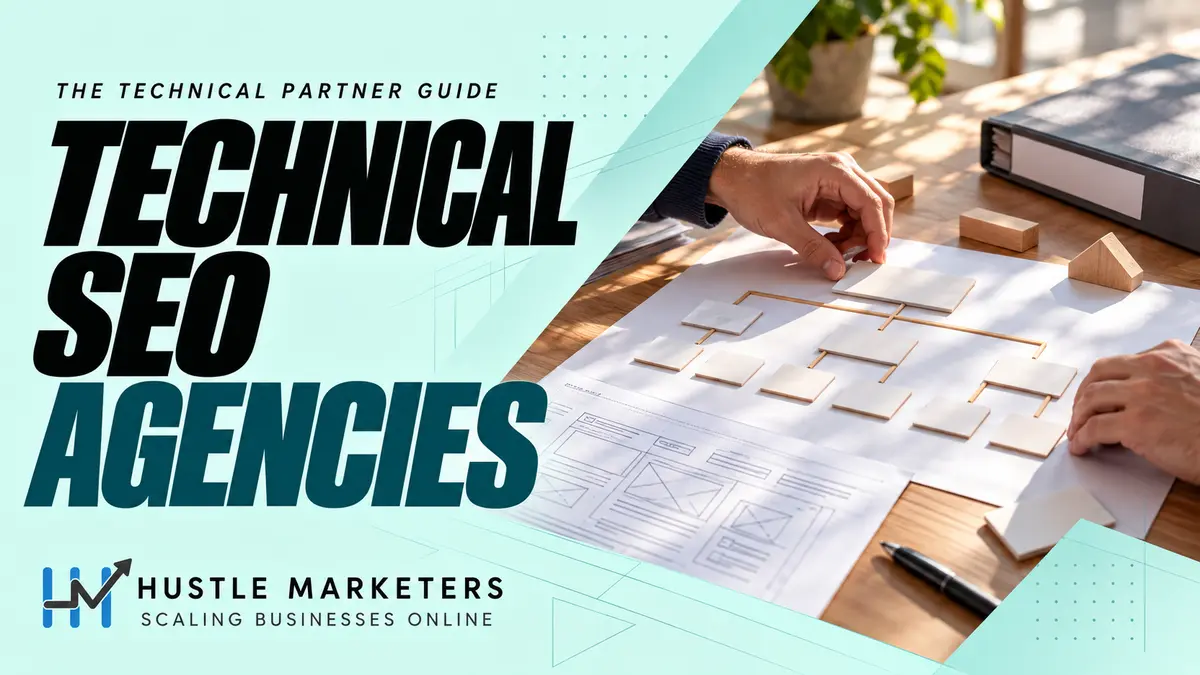 Hustle Marketers technical SEO agencies guide with an anonymous team reviewing physical site-architecture cards and planning materials.