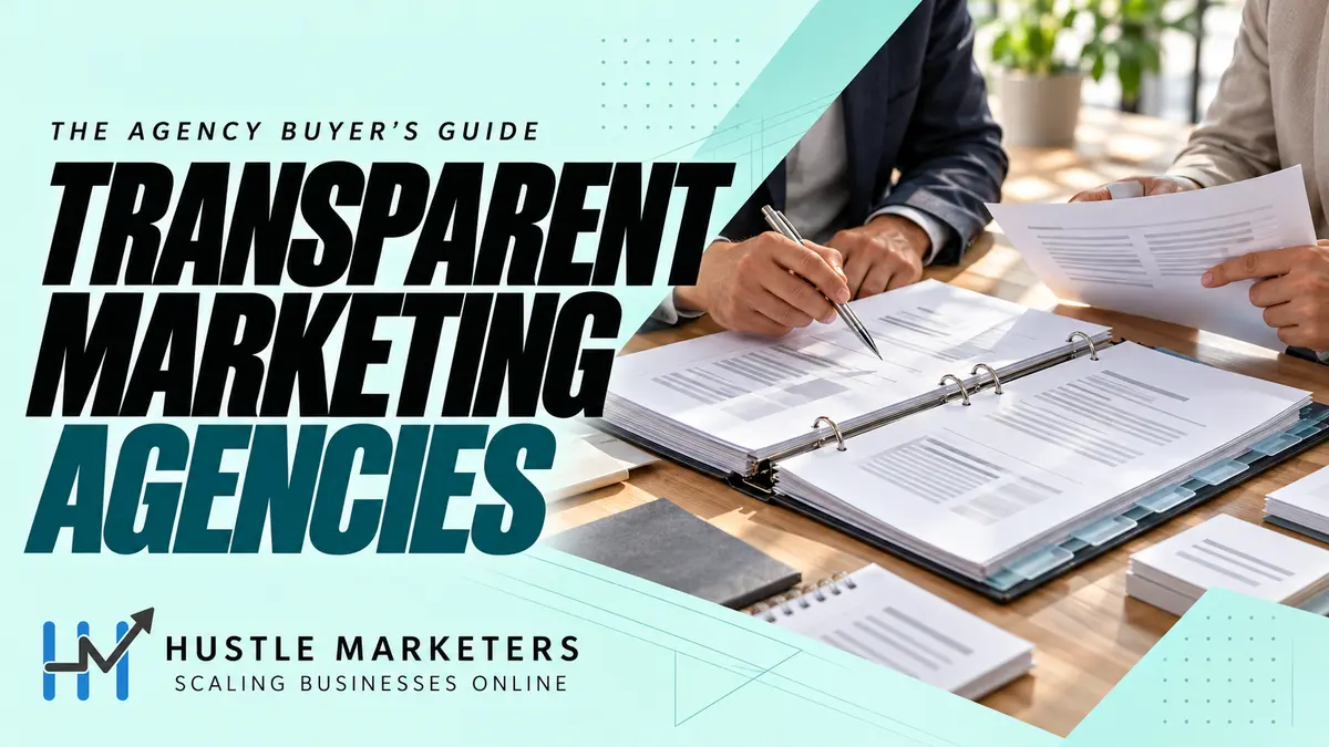 Hustle Marketers transparent marketing agencies guide with anonymous professionals reviewing a physical agency-selection binder.