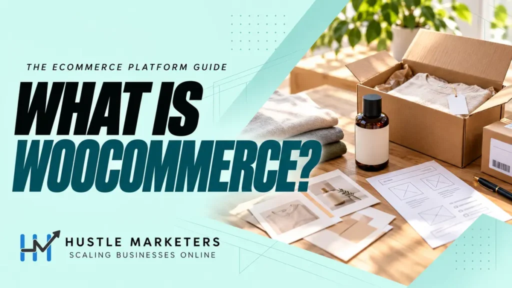 Hustle Marketers WooCommerce guide with an open shipping box, unbranded products and physical storefront planning cards.