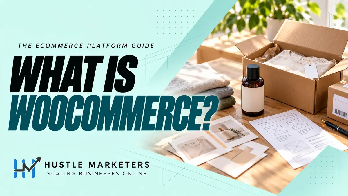 Hustle Marketers WooCommerce guide with an open shipping box, unbranded products and physical storefront planning cards.
