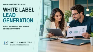 Agency professionals reviewing a white label lead generation handoff and client delivery workflow