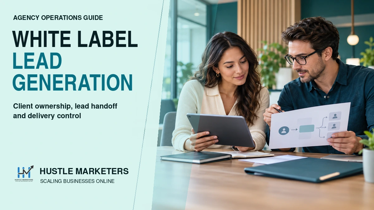 Agency professionals reviewing a white label lead generation handoff and client delivery workflow
