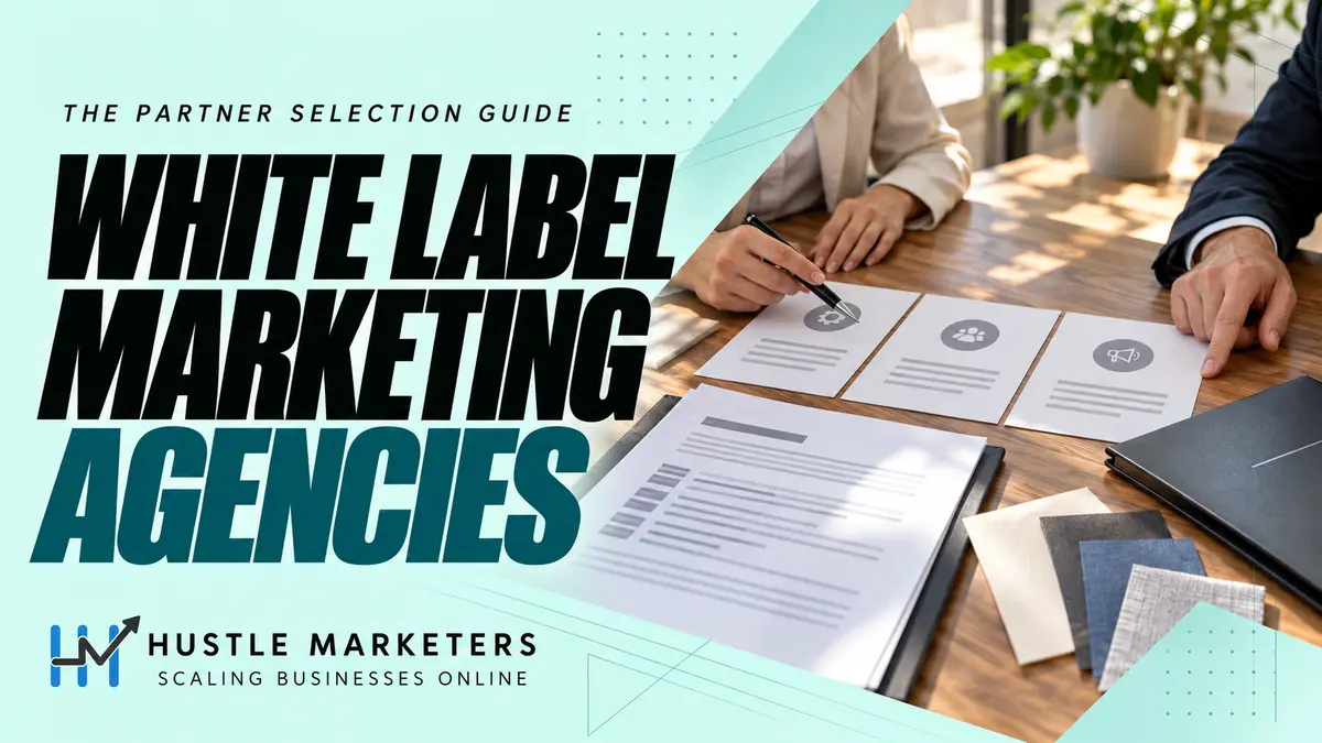 Hustle Marketers white label marketing agencies guide with an anonymous team reviewing a physical partner-selection kit.