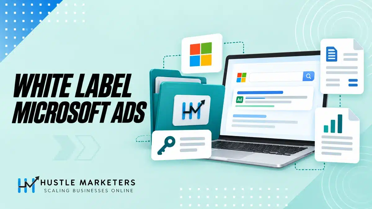 White label Microsoft Ads illustration showing agency branding, account access, billing and reporting.